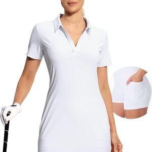 White women golf polo dress with shorts, pockets, V-neck, collar, athletic fit,